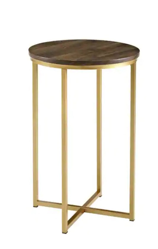 Cross and Zero Side Table in Gold Base and Wood Finish Top